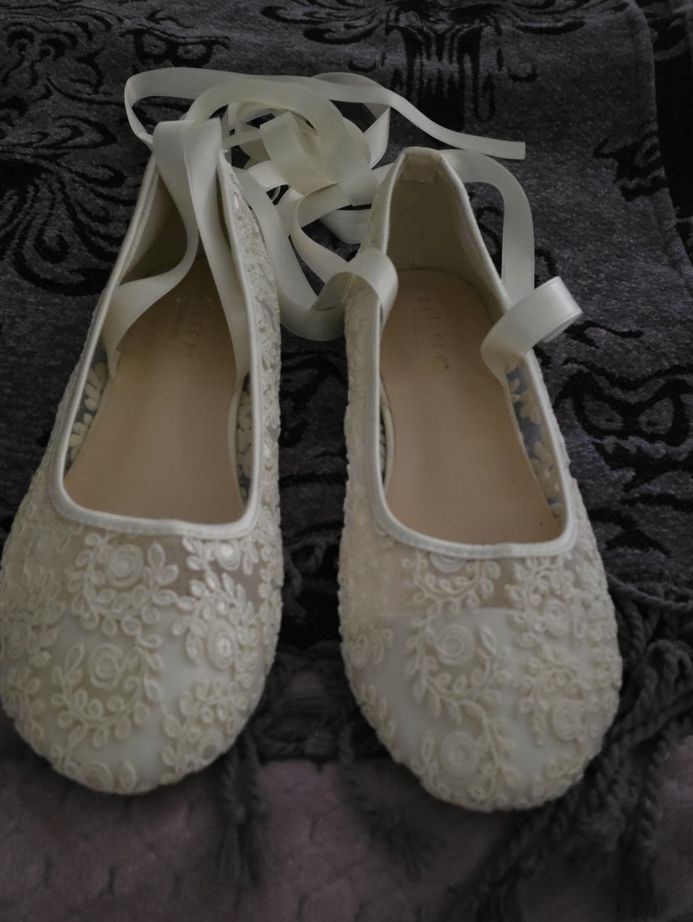 Ivory Lace Ballet Flats with Ankle Ribbon Tie